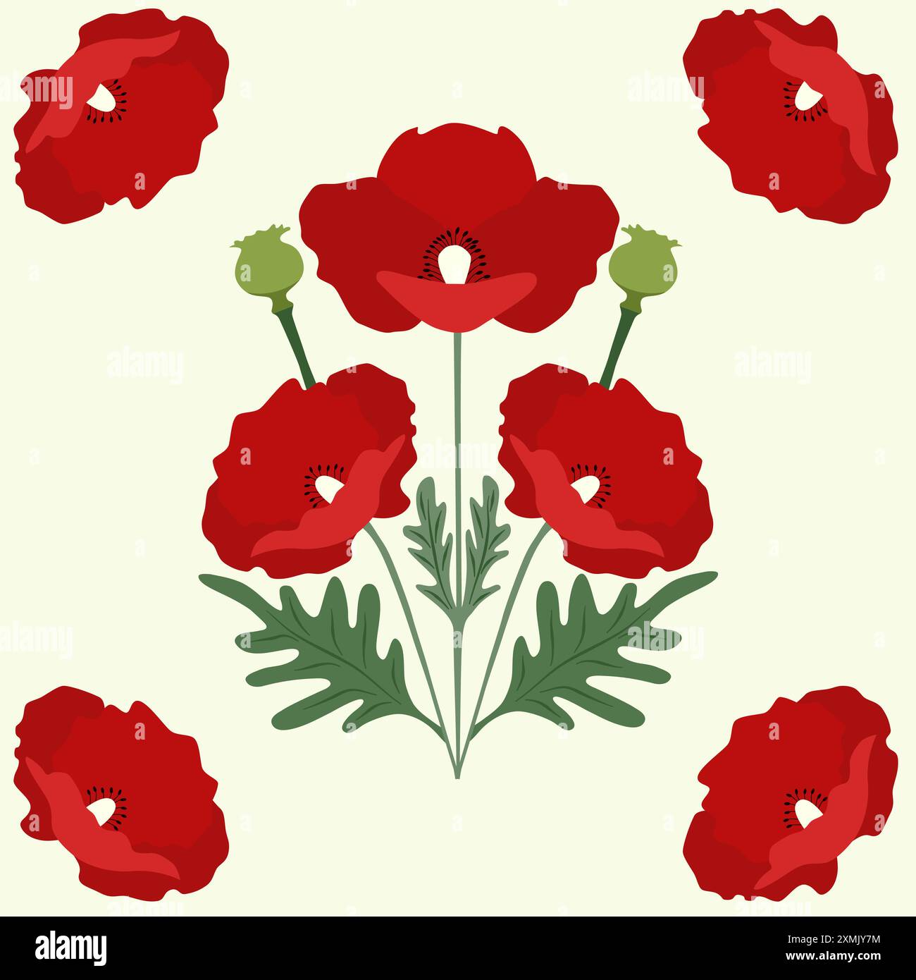 Rote Mohnblumen mit Blättern auf beigefarbenem nahtlosem Muster Vektor Stock Vektor