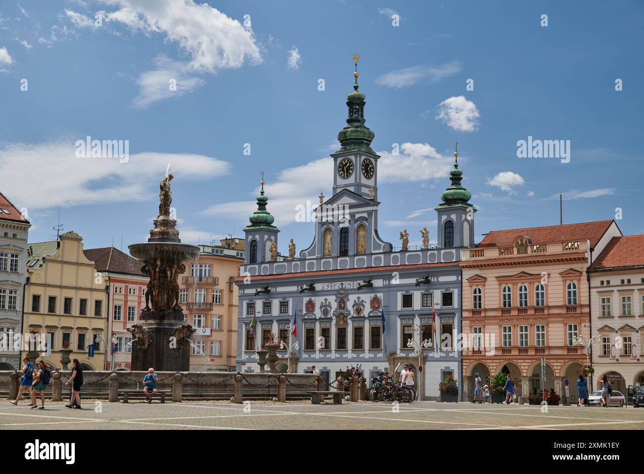 Samson Brunnen auf dem Premysl Otakar II Platz in Ceske Budejovice, Stadt in Südböhmen der Tschechischen Republik am 27. Juli 2024 Stockfoto