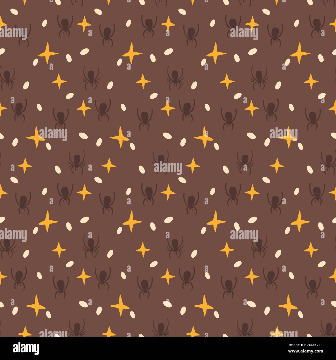 Nahtloses Muster von Sternen und Spinnen. Dunkler Halloween endloser Hintergrund. Einfaches Mystery festliches Repeat Cover. Handgezeichnete Vektorgrafik. Stock Vektor