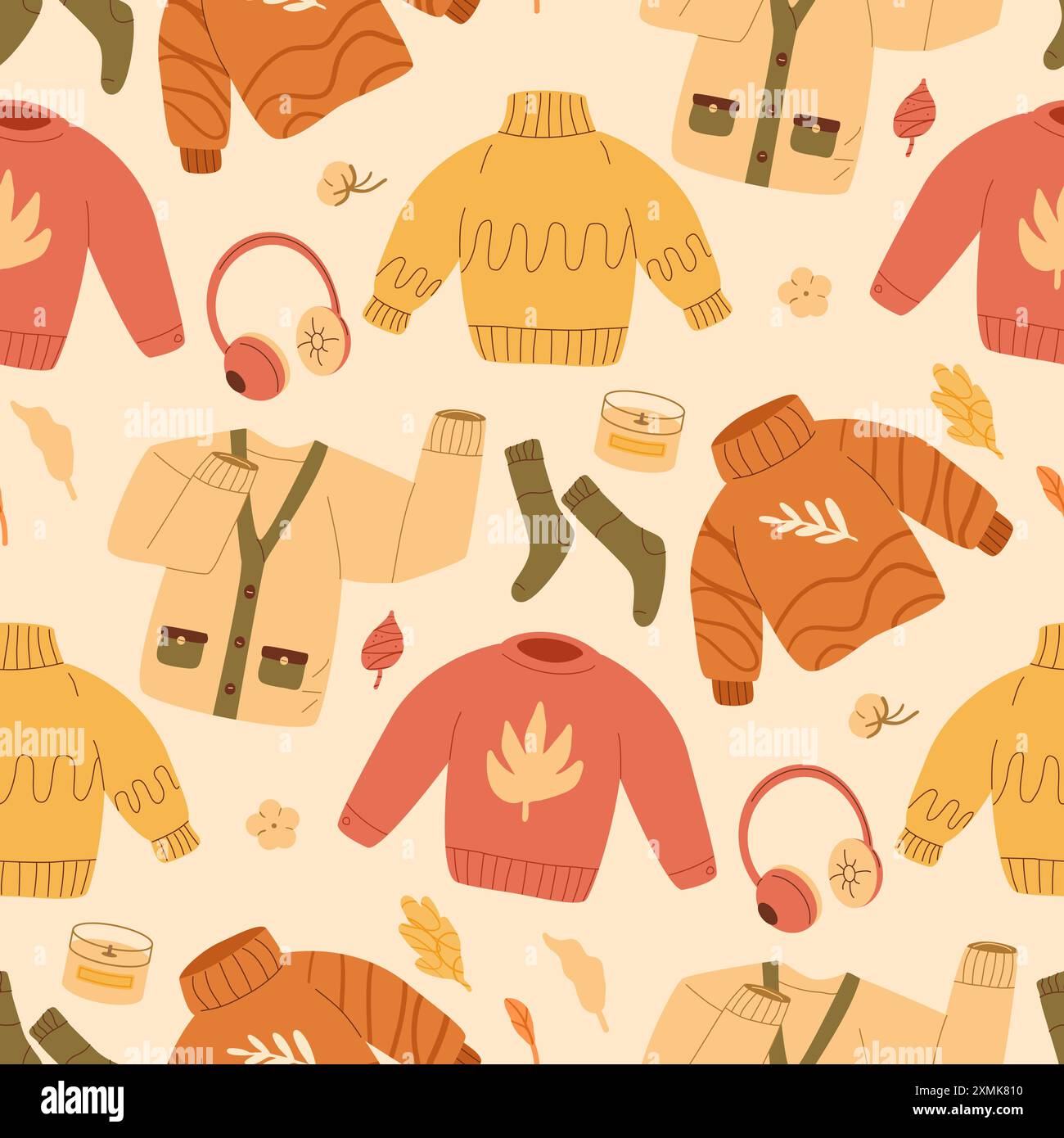 Kuschelige Herbstkleidung mit nahtlosem Muster. Pullover und Kopfhörer mit endlosem Hintergrund. Abdeckung für wiederholte Herbstfälle. Vektor handgezeichnet flache Illustration. Stock Vektor