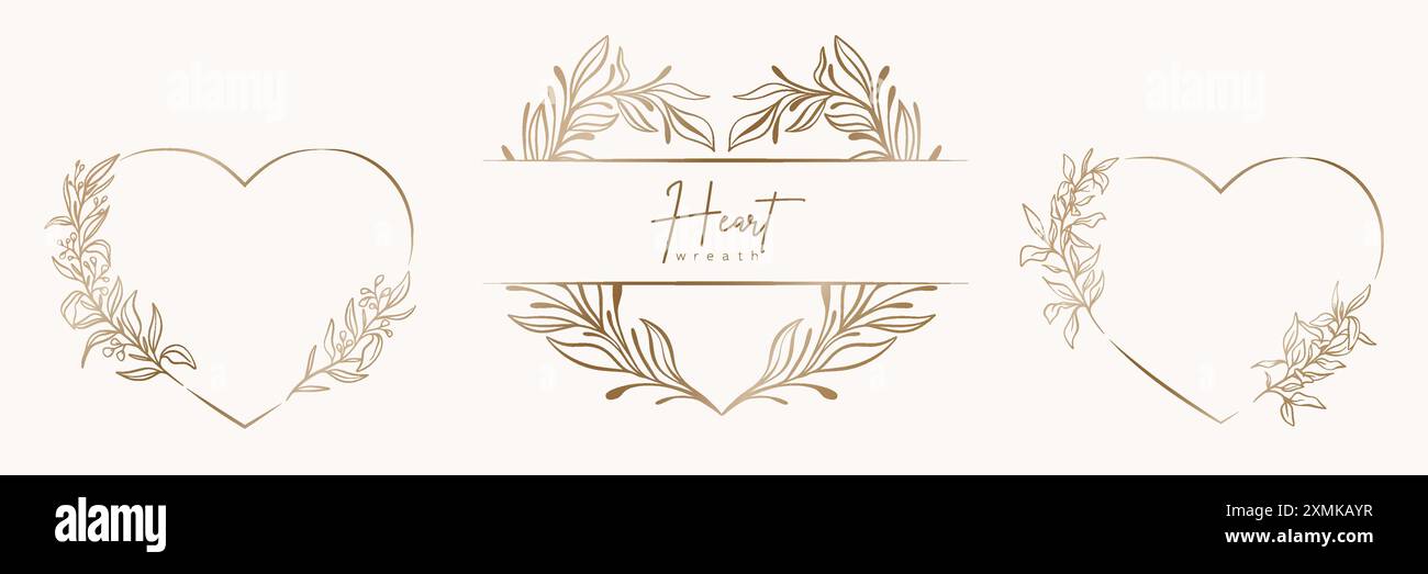 Set aus gezogenem goldenen Herzkranz und Blättern mit Blumenmuster Stock Vektor