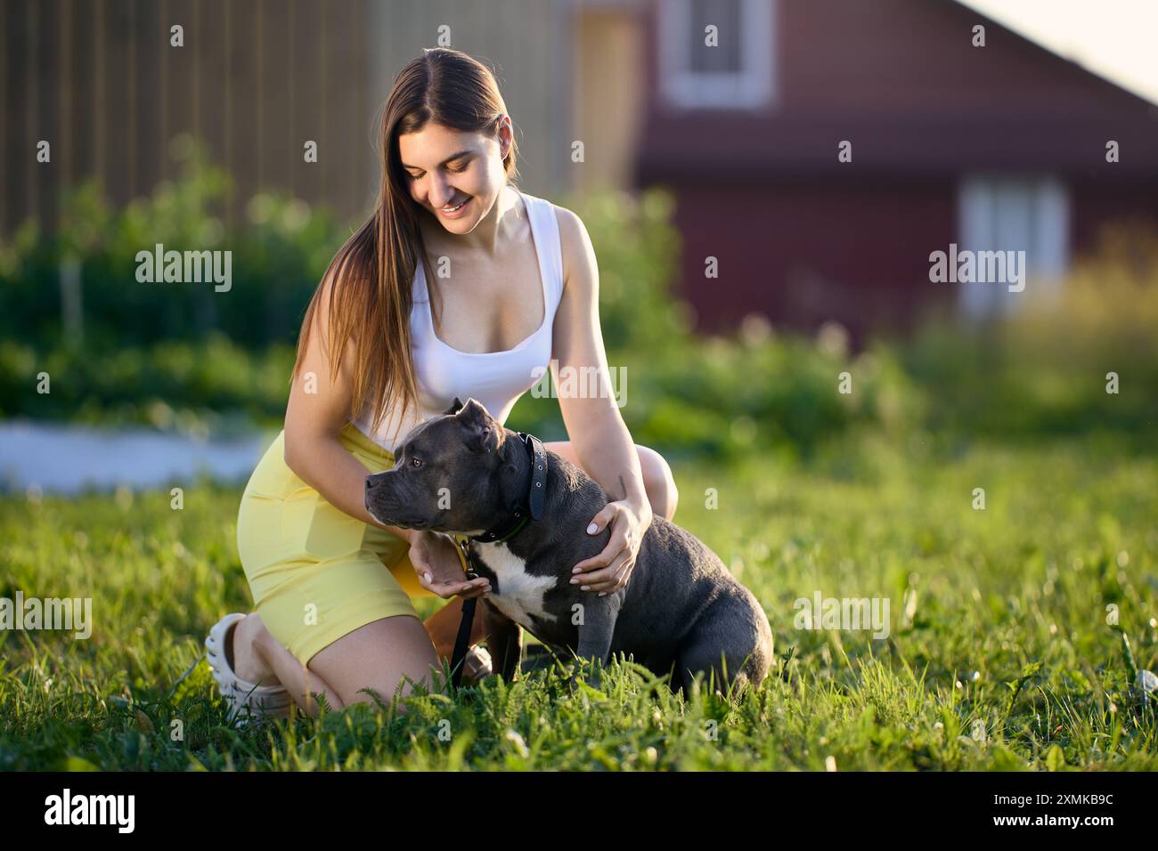 Außenporträt einer jungen Europäerin mit ihrem amerikanischen Tyrannehund am Sommerabend im Dorf. Stockfoto