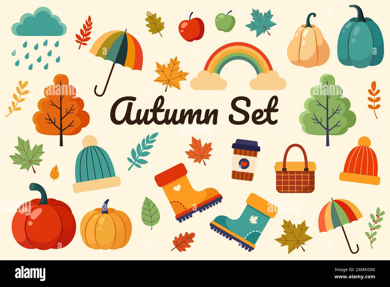 Set mit herbstlichen Elementen. Einfache Illustration des flachen Vektors. Isoliertes Clipart. Stock Vektor