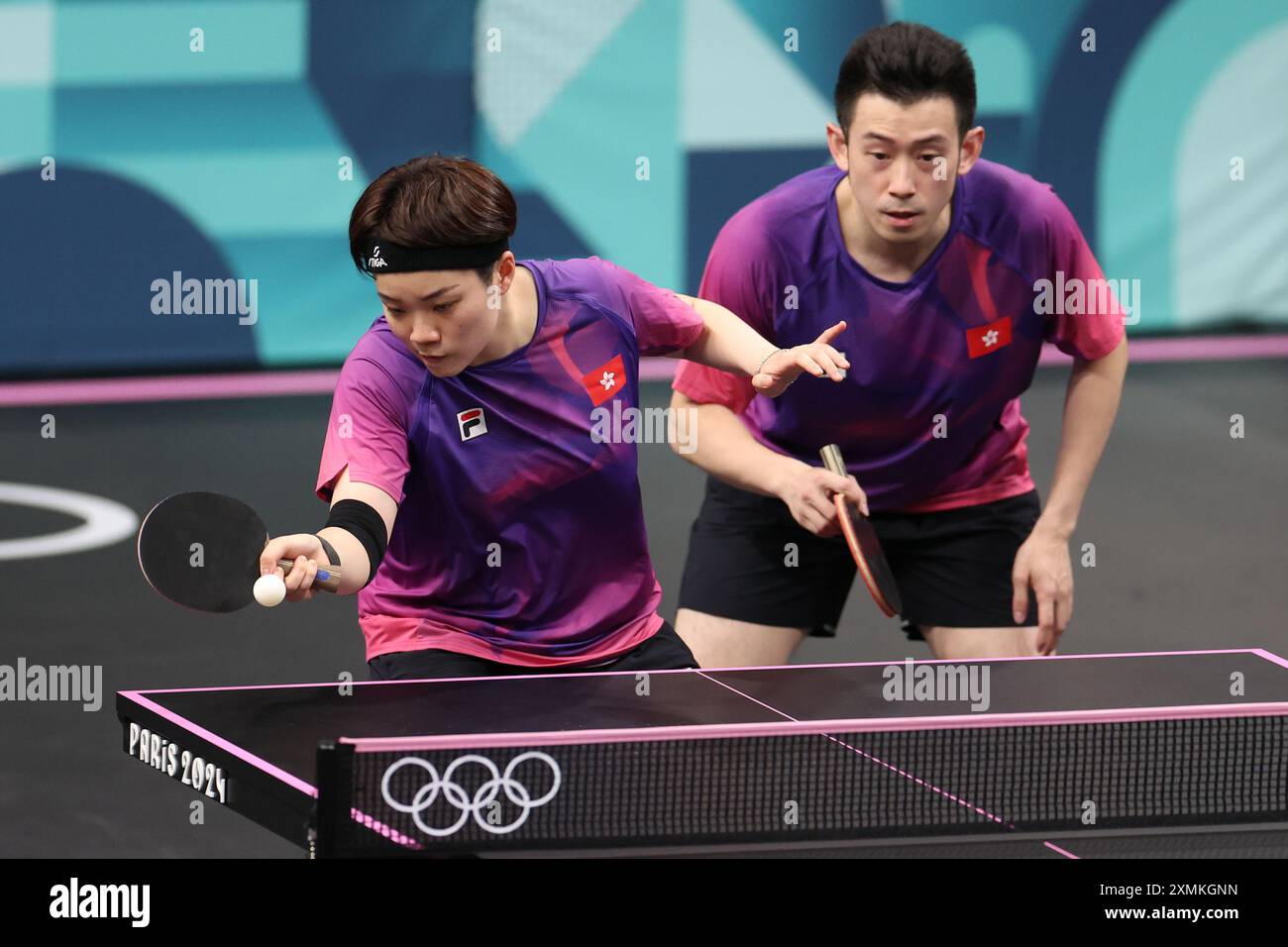 Paris, Frankreich. Juli 2024. Wong Chun Ting/Doo Hoi Kem (L) aus Hongkong treten beim Viertelfinalspiel zwischen Wong Chun Ting/Doo Hoi Kem aus Hongkong und Alvaro Robles/Maria Xiao aus Spanien bei den Olympischen Spielen 2024 in Paris am 28. Juli 2024 an. Quelle: Liu Xu/Xinhua/Alamy Live News Stockfoto