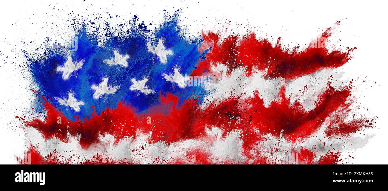 Bunte Flagge der vereinigten staaten von amerika USA rot blau Streifen Sterne Farbe holi Farbe Pulver Explosion isoliert auf weißem Hintergrund. US-amerikanischer Star Stockfoto