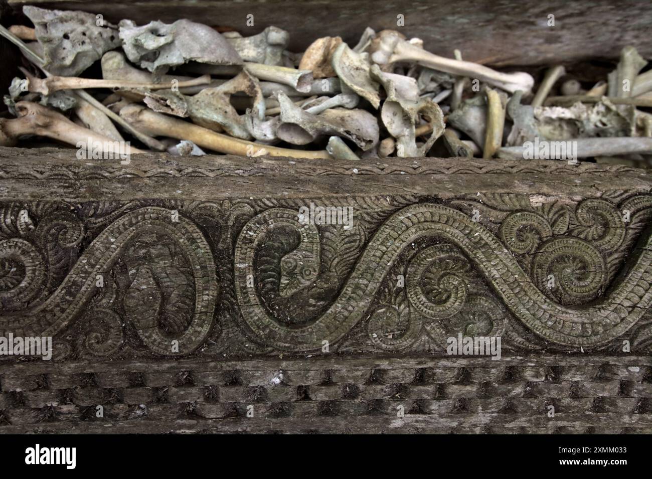 Indigene dekorative Schnitzerei auf hölzernen Sarkophagen an der traditionellen Grabstätte im Dorf Kete Kesu, Nord-Toraja, Süd-Sulawesi, Indonesien. Stockfoto