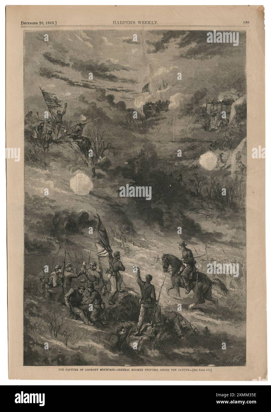 Thomas Nastes Original „The Capture of Lookout Mountain – General Hooker Fighting Among the Clouds“ – Holzschnitt-Pub. In Harper's Weekly - 26. Dezember 1863 Stockfoto