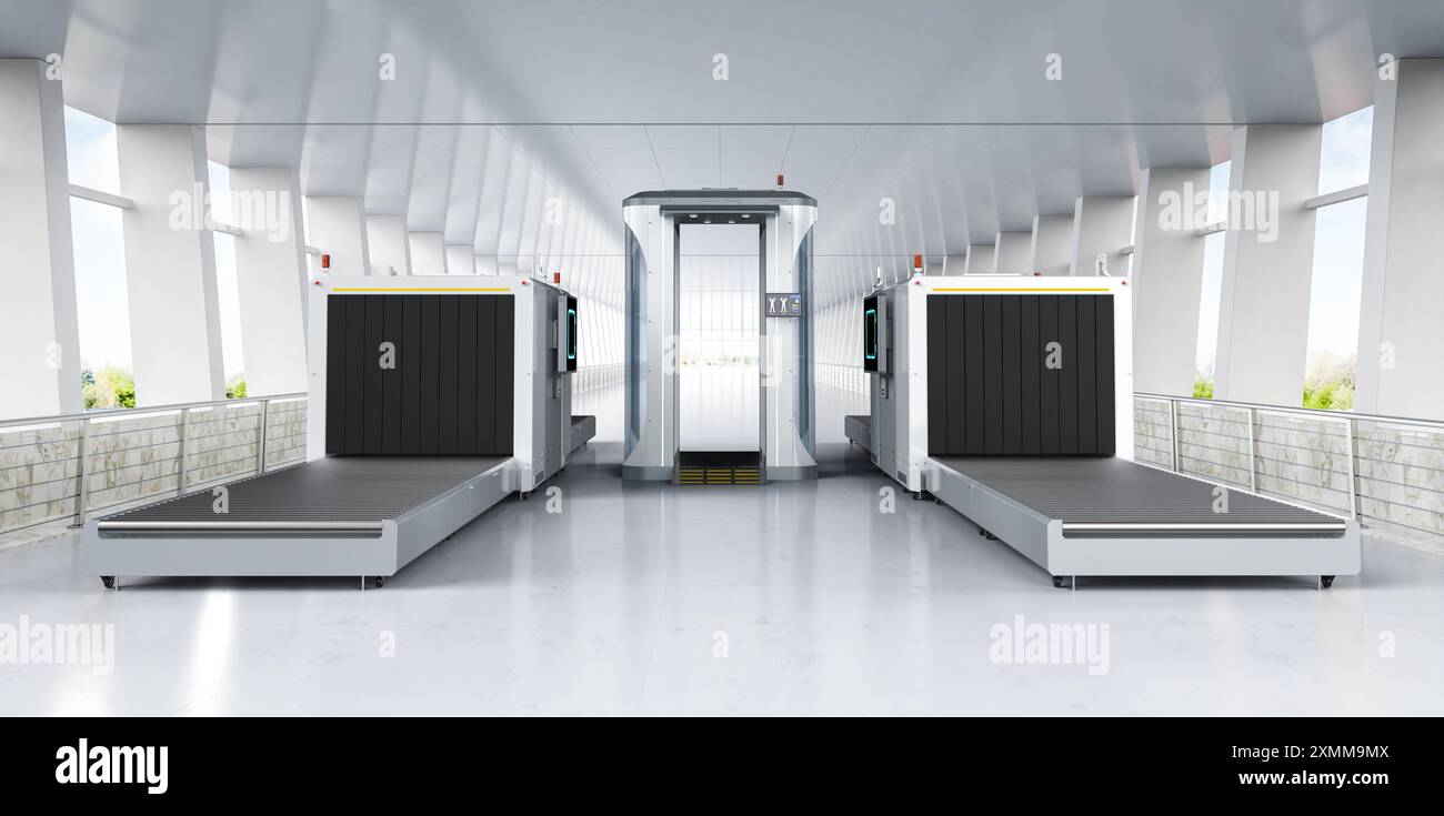 3D-rendering Sicherheitskontrolle am Flughafen mit Sicherheit Tore und Scanner Maschine Stockfoto