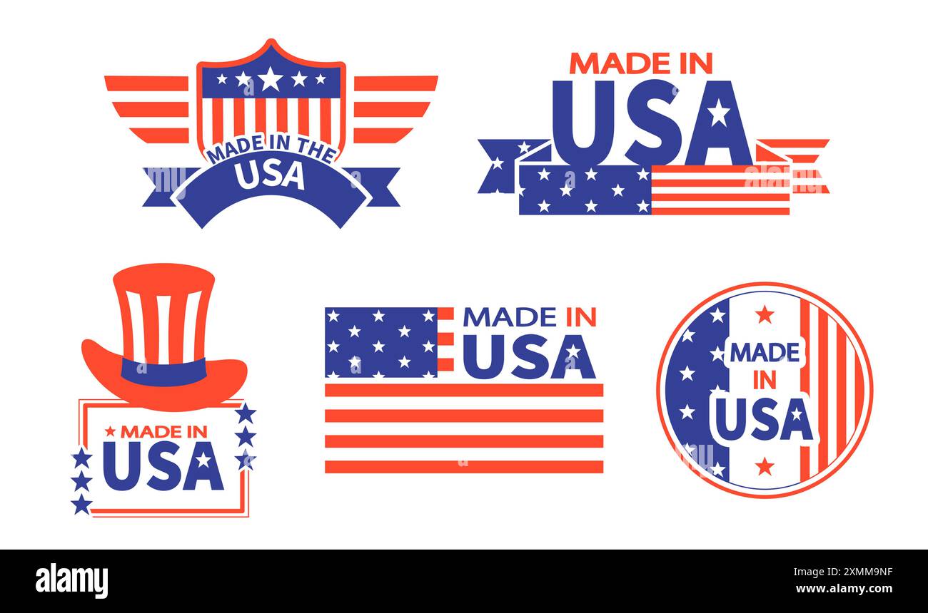 Hergestellt in den USA . Set von verschiedenen amerika-Abzeichen und -Emblemen . Vektor . Stock Vektor