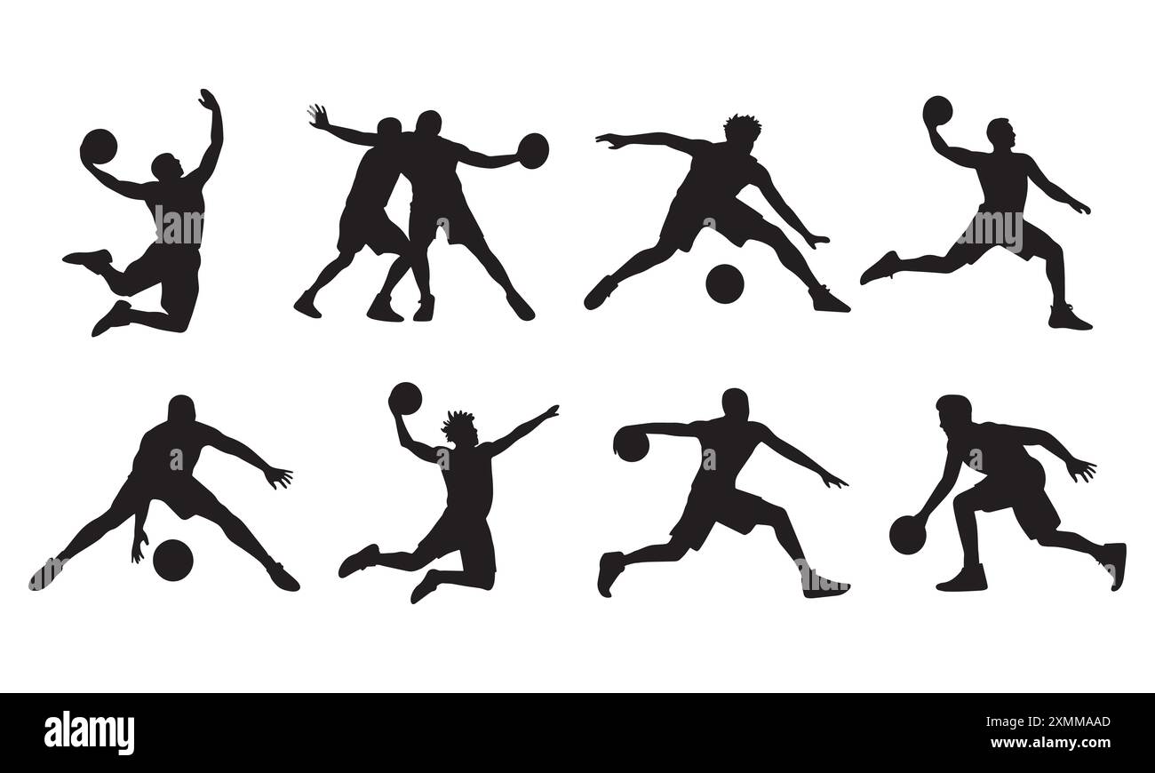 Vektorsatz mit Silhouetten von Basketballspielern in verschiedenen Action Stock Vektor