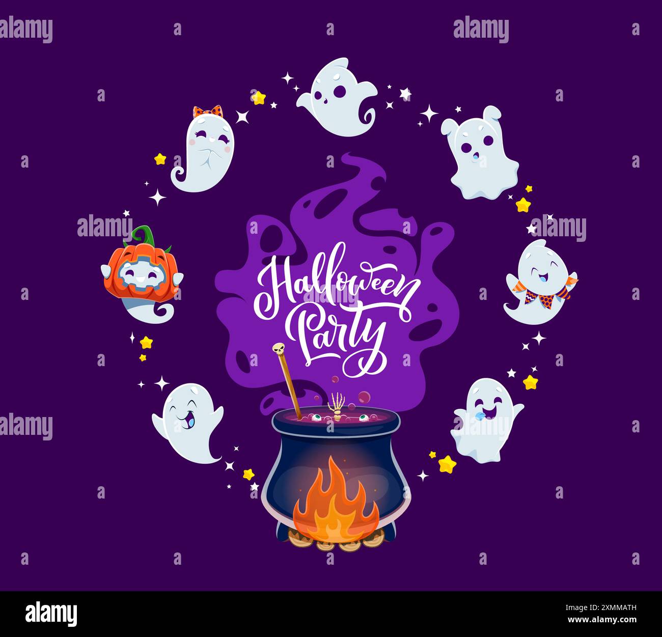 Halloween-Party-Banner, süße Kawaii-Geister mit Hexentrankkessel. Vektor-Feiertagsgrußkarte mit niedlichen Zeichentrickgeistern beschwören Magie durch eine Blase Stock Vektor