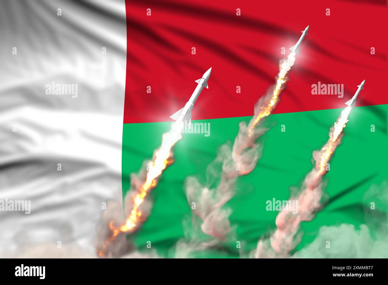 Modernes Konzept strategischer Raketentruppen auf Flaggengewebe Hintergrund, Madagaskar Überschallraketenangriff - militärische industrielle 3D-Illustration, Atomkraft Wit Stockfoto