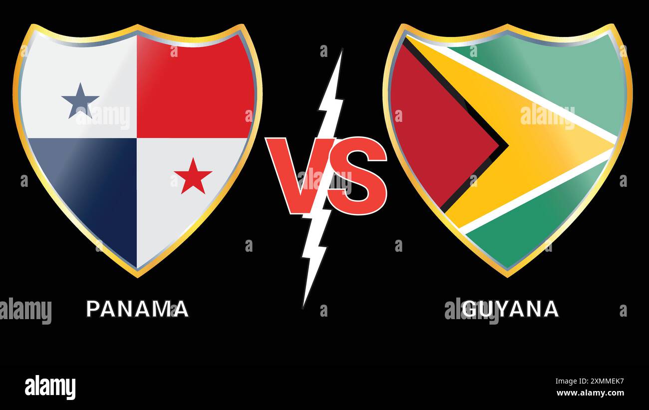 Fußball-Kampf: Panama gegen Guyana mit Nationalflaggen vor schwarzem Hintergrund Stock Vektor