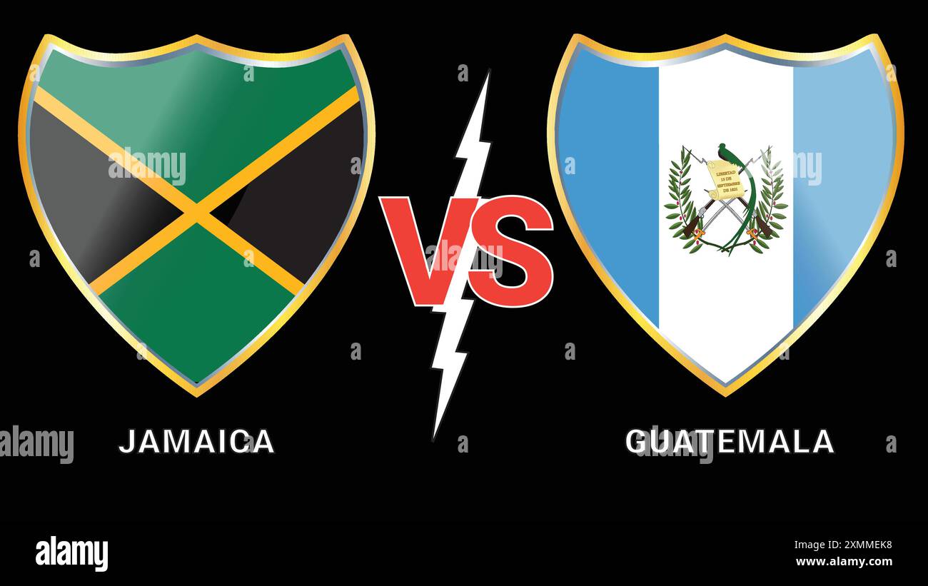 Jamaica vs Guatemala: Fußballspiel mit Fahnen auf schwarzem Hintergrund Stock Vektor