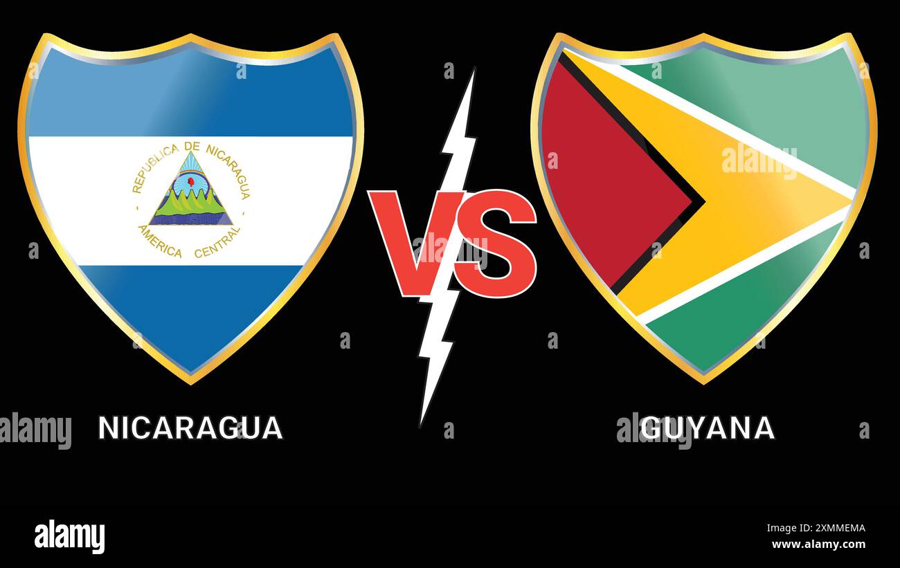 Nicaragua gegen Guyana: Fußballspiel mit Fahnen auf schwarzem Hintergrund Stock Vektor