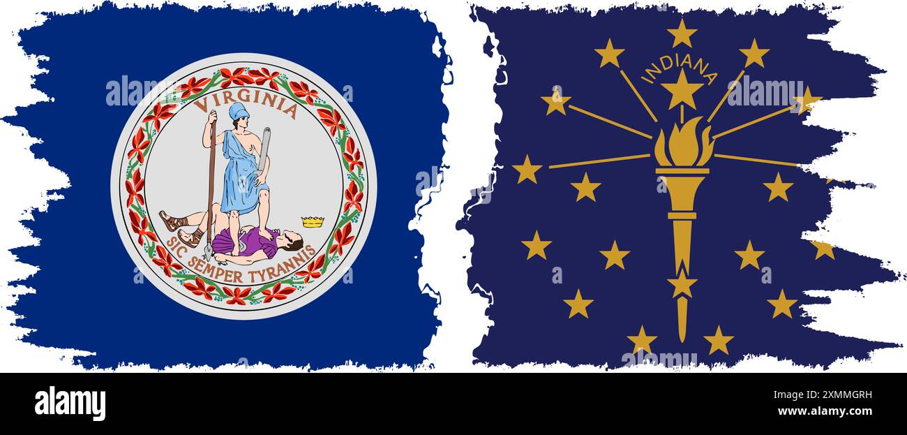 Indiana und Virginia staaten Grunge Pinsel Flags Verbindung, Vektor Stock Vektor