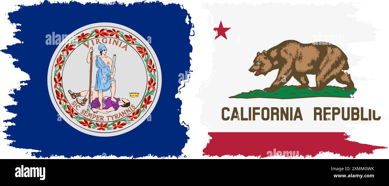 Kalifornien und Virginia staaten Grunge Pinsel Flags Verbindung, Vektor Stock Vektor