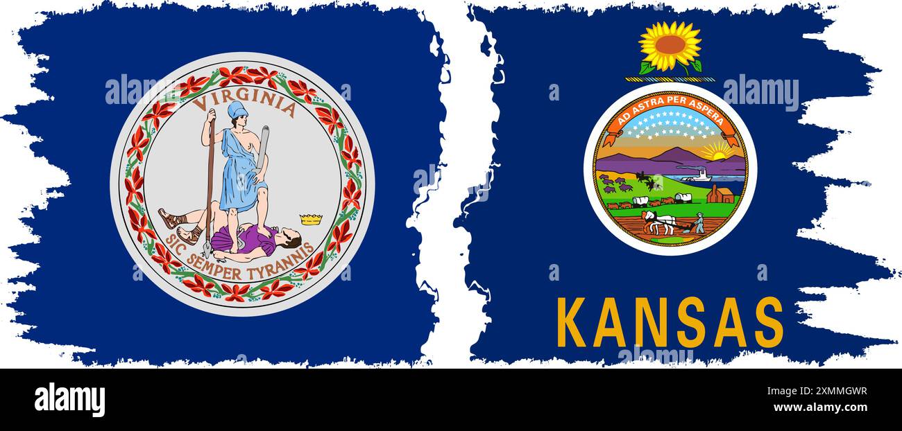Kansas und Virginia state Grunge Pinsel Flags Verbindung, Vektor Stock Vektor