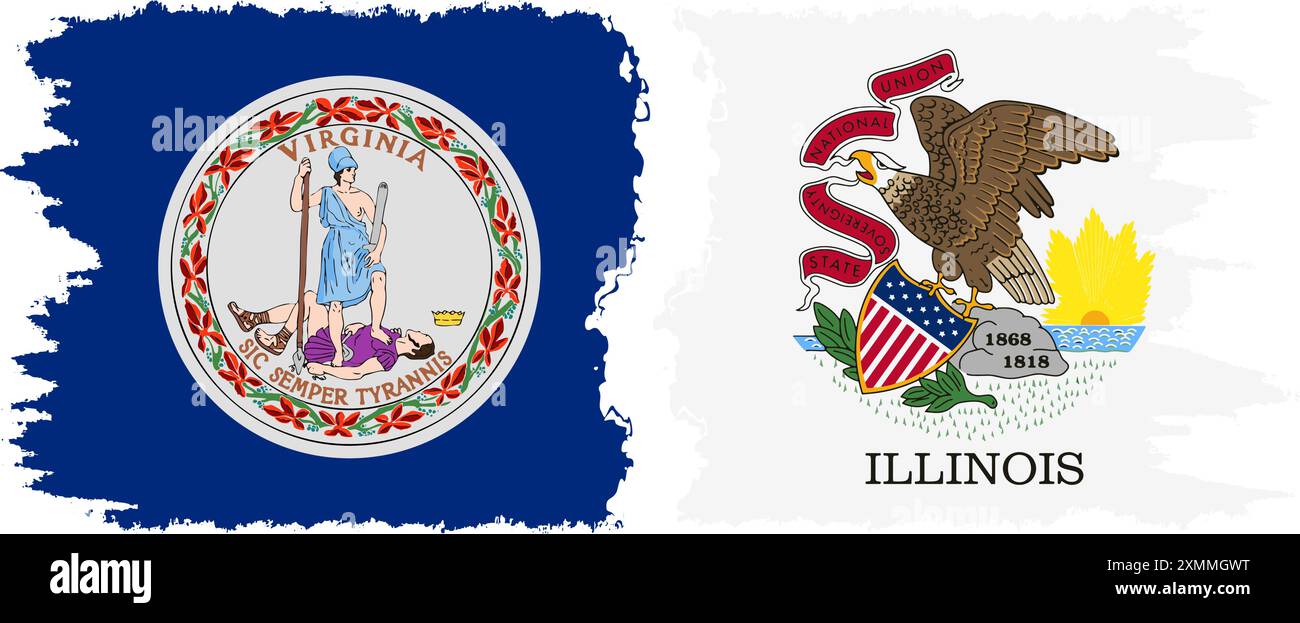 Illinois und Virginia state Grunge Pinsel Flags Verbindung, Vektor Stock Vektor