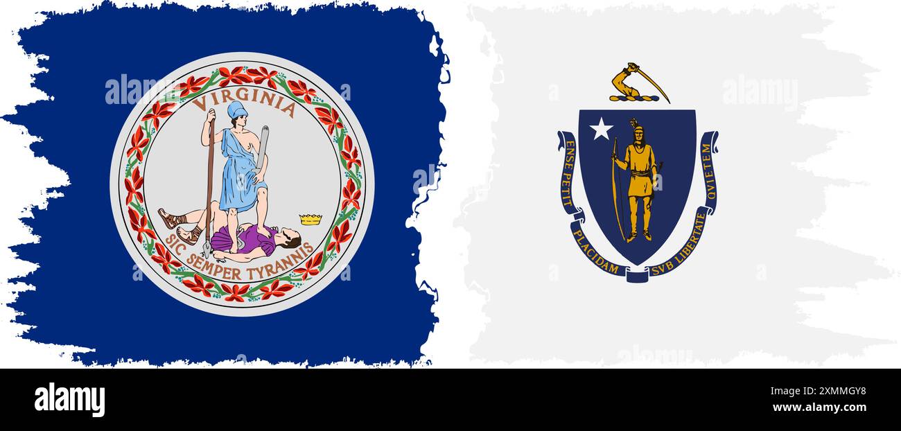 Massachusetts und Virginia state Grunge Pinsel Flags Verbindung, Vektor Stock Vektor