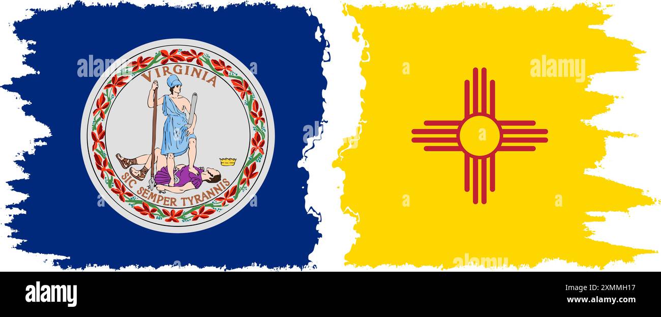 New Mexico und Virginia staaten Grunge Pinsel Flags Verbindung, Vektor Stock Vektor