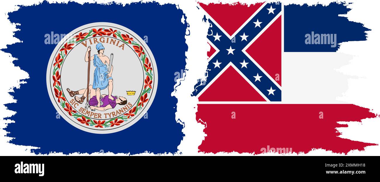 Mississippi und Virginia state Grunge Pinsel Flags Verbindung, Vektor Stock Vektor