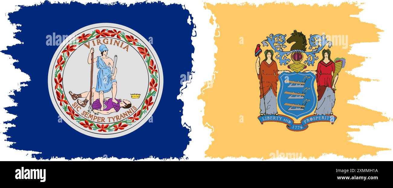 New Jersey und Virginia staaten Grunge Pinsel Flags Verbindung, Vektor Stock Vektor