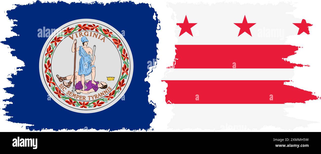 District of Columbia USA - Washington, DC und Virginia State Grunge Pinsel Flags Verbindung, Vektor Stock Vektor
