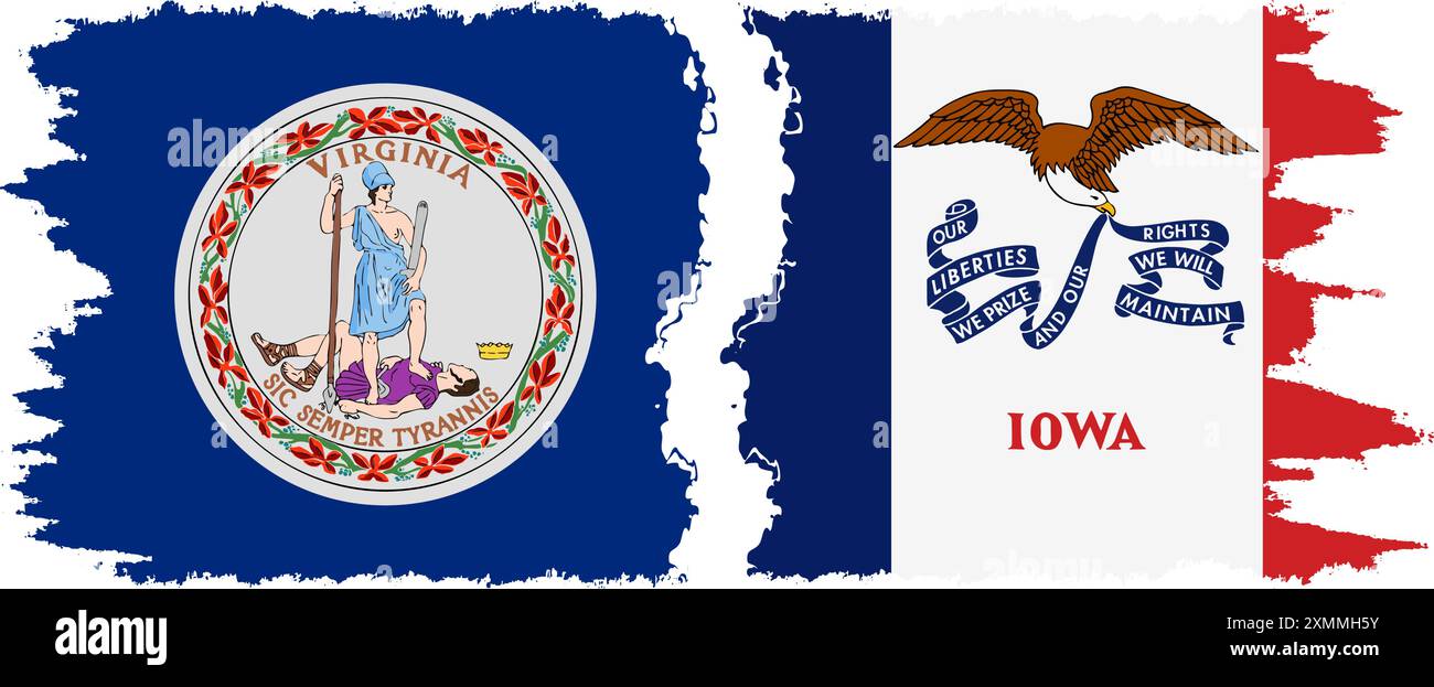 Iowa und Virginia state Grunge Pinsel Flags Verbindung, Vektor Stock Vektor