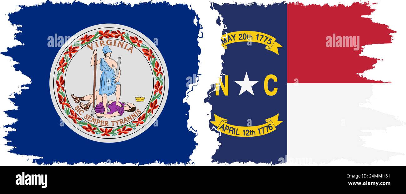 North Carolina und Virginia staaten Grunge Pinsel Flags Verbindung, Vektor Stock Vektor