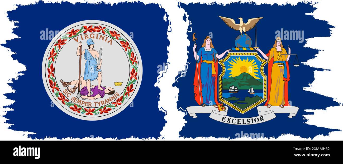 New York und Virginia staaten Grunge Pinsel Flags Verbindung, Vektor Stock Vektor