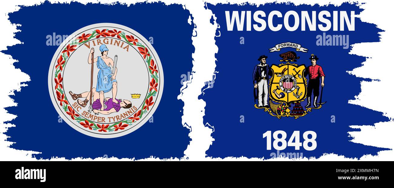 Wisconsin und Virginia staaten Grunge Pinsel Flags Verbindung, Vektor Stock Vektor