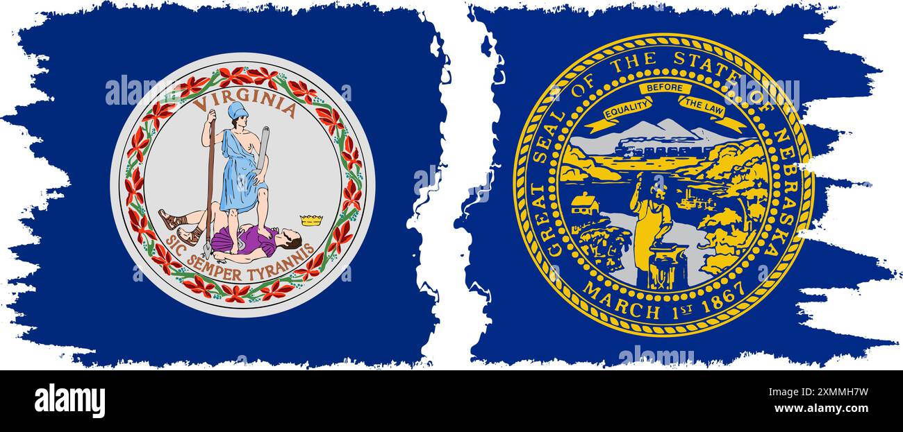 Nebraska und Virginia staaten Grunge Pinsel Flags Verbindung, Vektor Stock Vektor