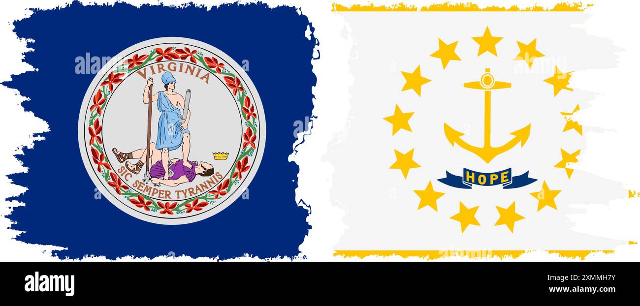 Rhode Island und Virginia state Grunge Pinsel Flags Verbindung, Vektor Stock Vektor