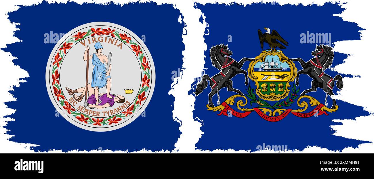 Pennsylvania und Virginia staaten Grunge Pinsel Flags Verbindung, Vektor Stock Vektor