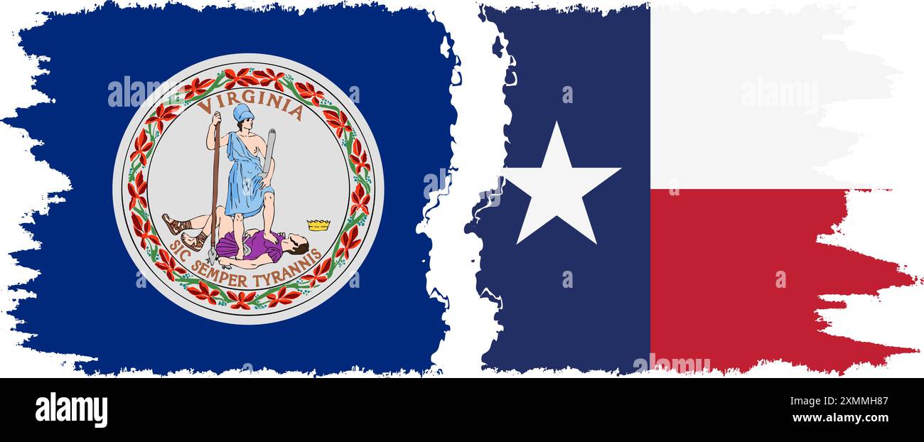 Texas und Virginia staaten Grunge Pinsel Flags Verbindung, Vektor Stock Vektor