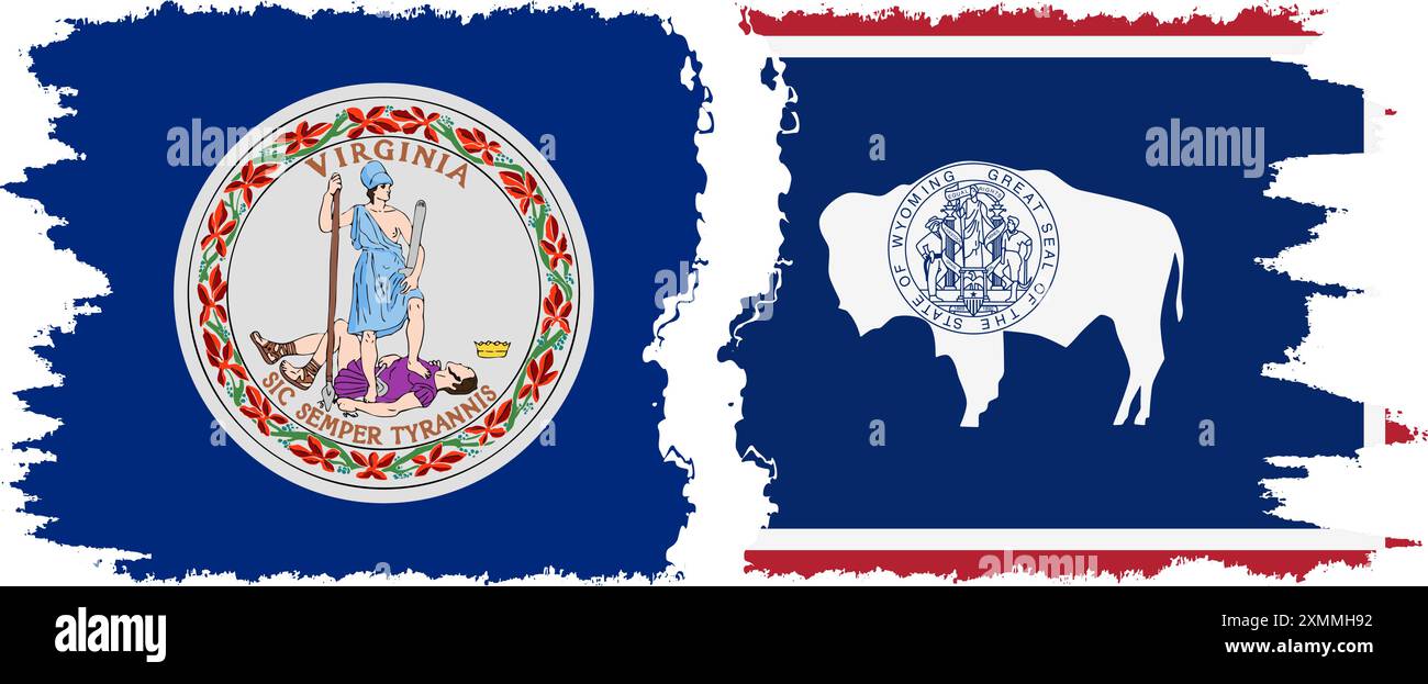 Wyoming und Virginia staaten Grunge Pinsel Flags Verbindung, Vektor Stock Vektor
