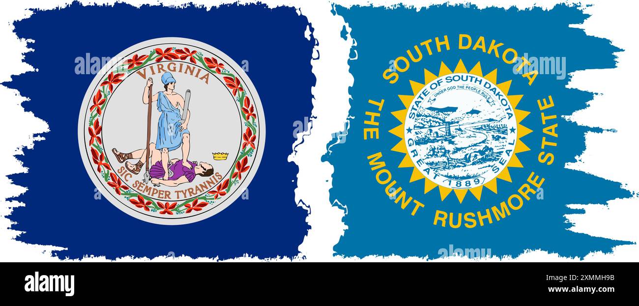 South Dakota und Virginia state Grunge Pinsel Flags Verbindung, Vektor Stock Vektor