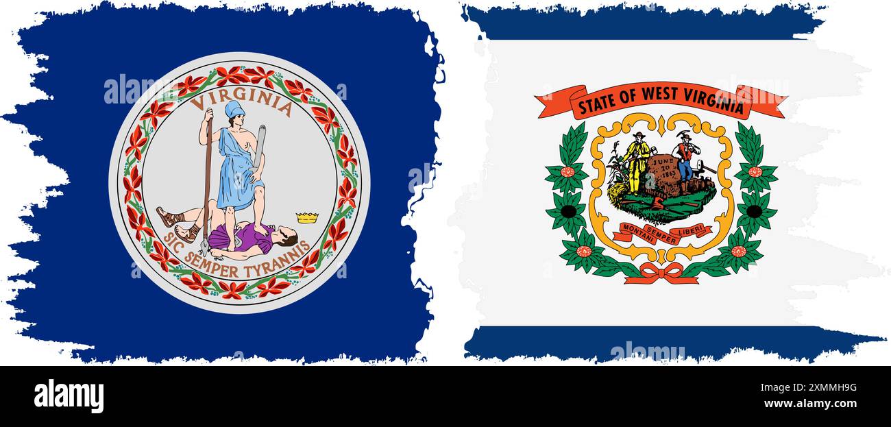 West Virginia und Virginia staaten Grunge Pinsel Flags Verbindung, Vektor Stock Vektor