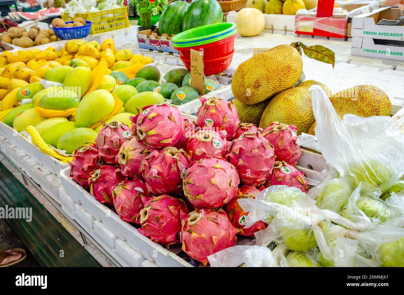 Drachenfrucht auf einem Marktstand im Tanjung Bungah Market in Penang, Malaysia Stockfoto