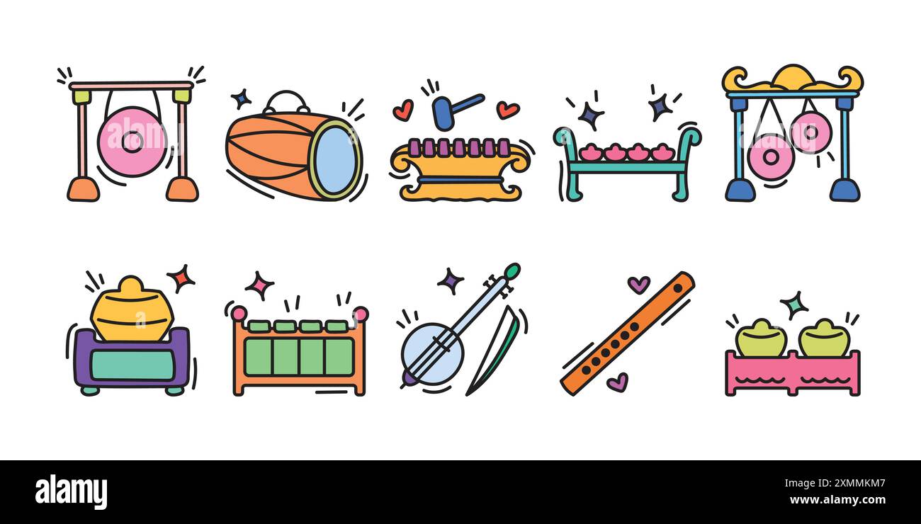 Hallo, verschönern wir Ihre Designs mit unserer Kollektion von Gamelan Instrument Doodle Set Elementen Stock Vektor