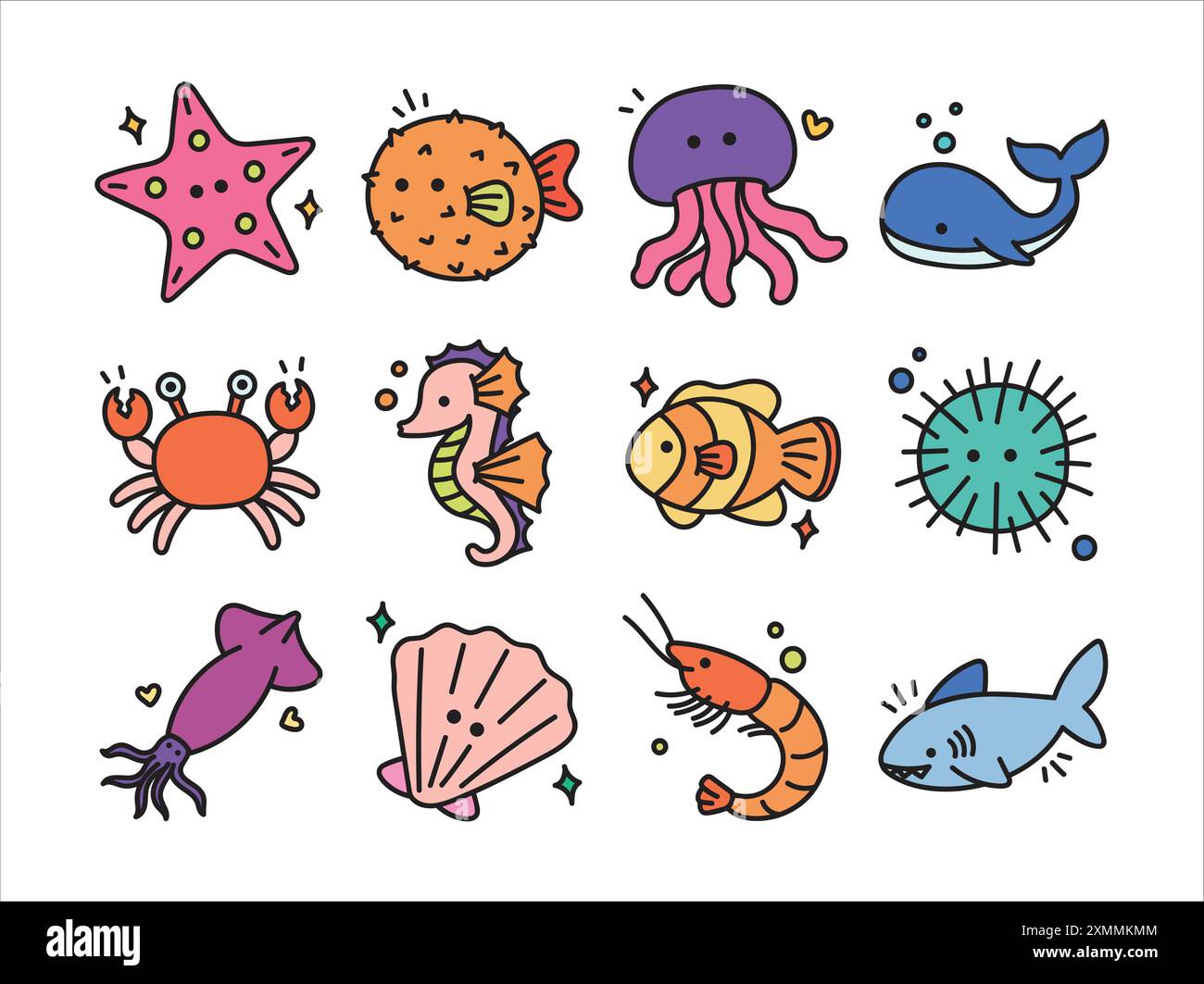 Hallo, verschönern wir Ihre Designs mit unserer Kollektion von Sea Animal Doodle Set-Elementen Stock Vektor