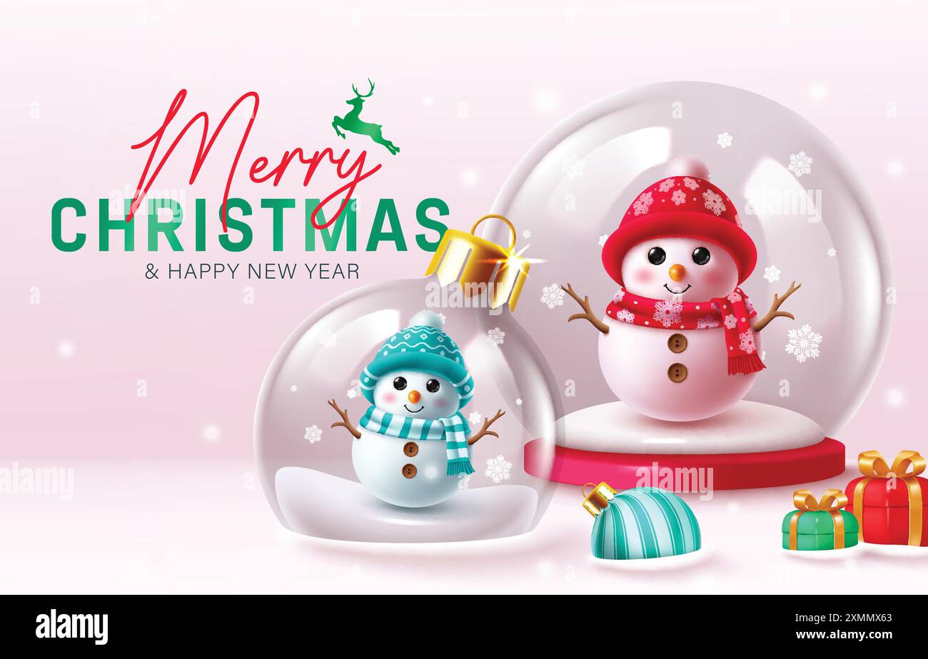 Frohe weihnachten Grüße Vektor-Design. Weihnachtsglas Kristallkugel mit niedlichem Schneemann-Kind-Charakter mit Geschenkbox und Weihnachtskugel-Elementen im Schnee Stock Vektor
