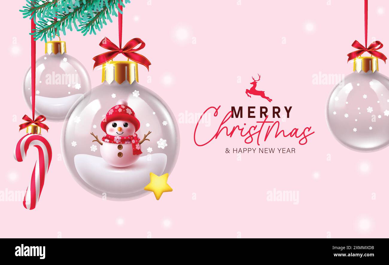 Frohe weihnachten Gruß Vektor-Design. Weihnachtsgrüßtext mit Schneemanncharakter in hängendem Kugelglas, Kristallkugeln, Zuckerrohr und Fichte Stock Vektor