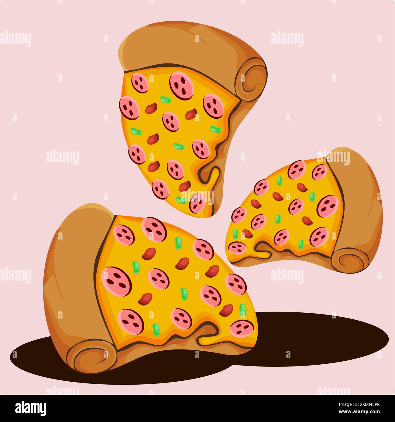 Die Pizzascheiben sind dreieckig angeordnet, wobei eine Scheibe oben und zwei darunter liegt Stock Vektor