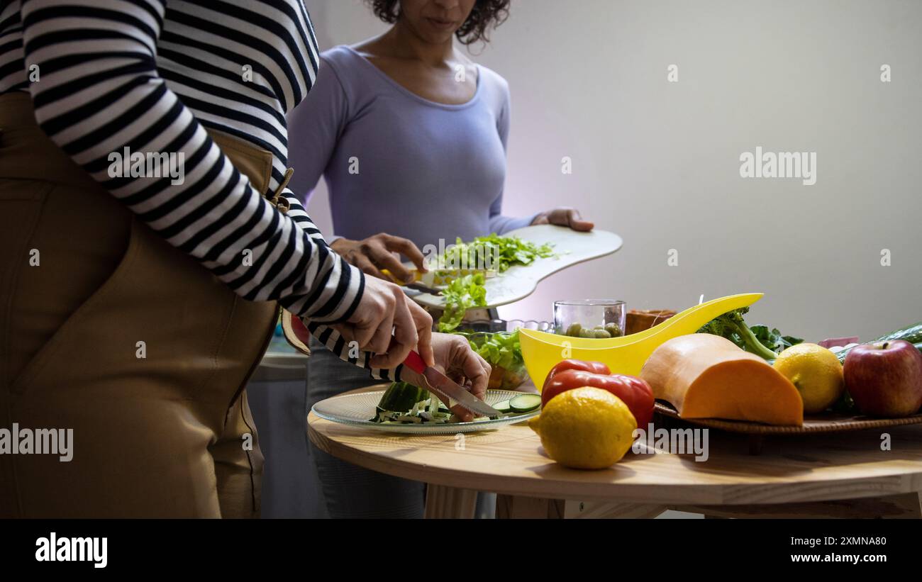 Zwei Frauen bereiten zusammen eine bunte gesunde vegane Mahlzeit vor. Stockfoto