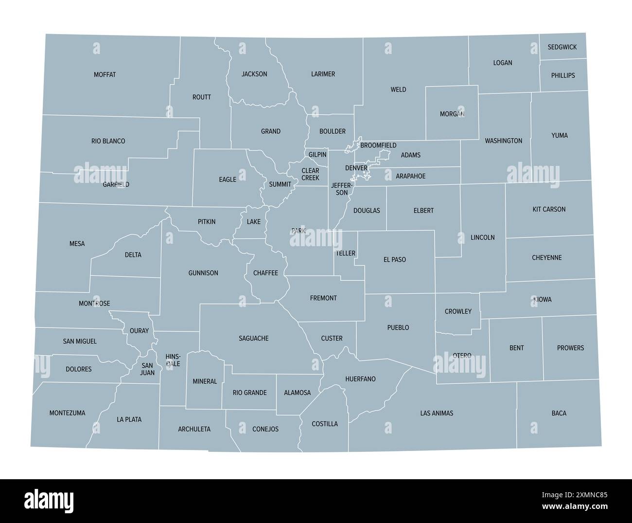 Colorado County, graue politische Karte mit Grenzen und County-Namen. Bundesstaat in der Subregion Mountain West der Vereinigten Staaten Stockfoto