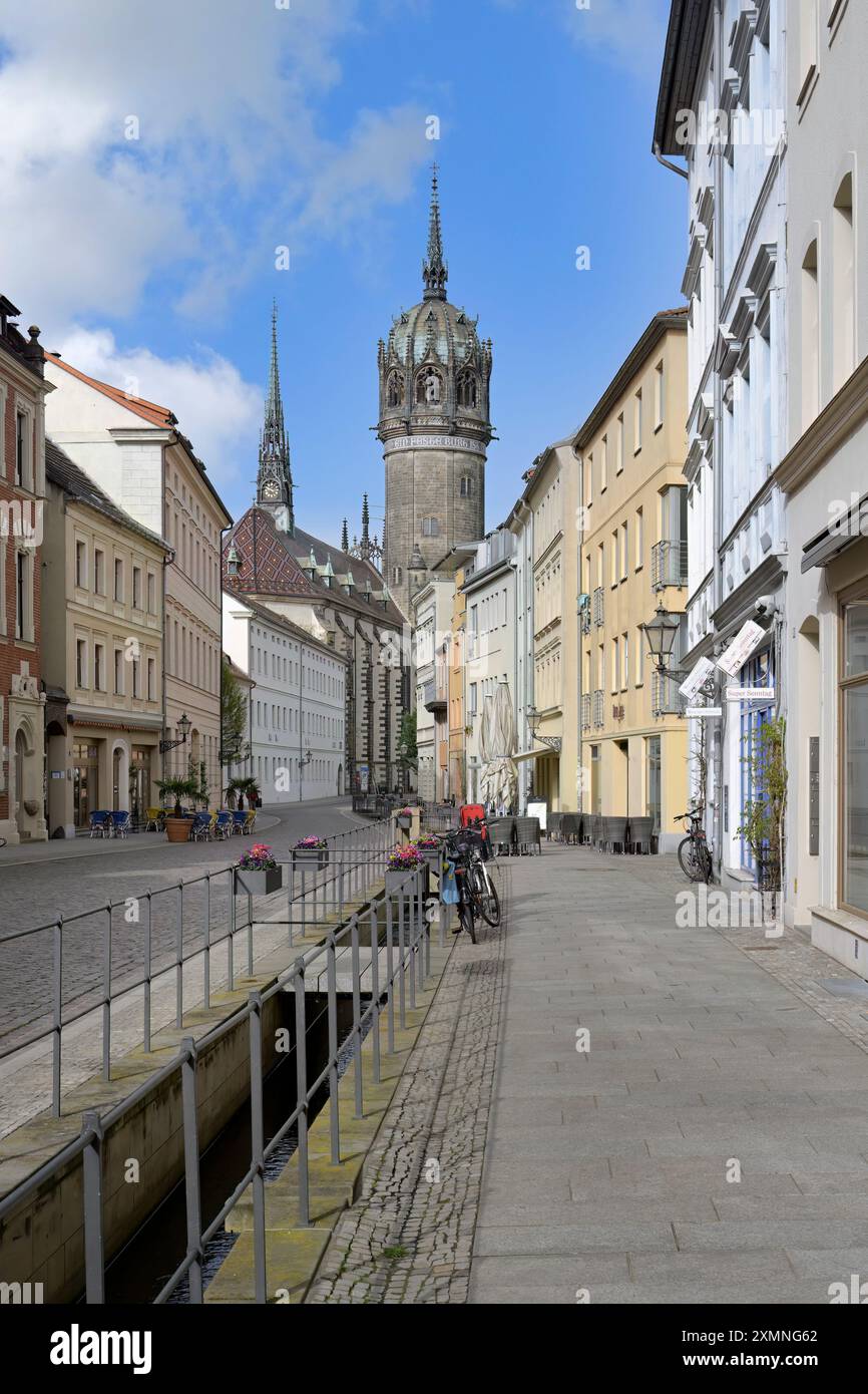 Turm der Allerheiligen Kirche oder Schlosskirche, Lutherstadt Wittenberg, Sachsen-Anhalt, Deutschland Stockfoto