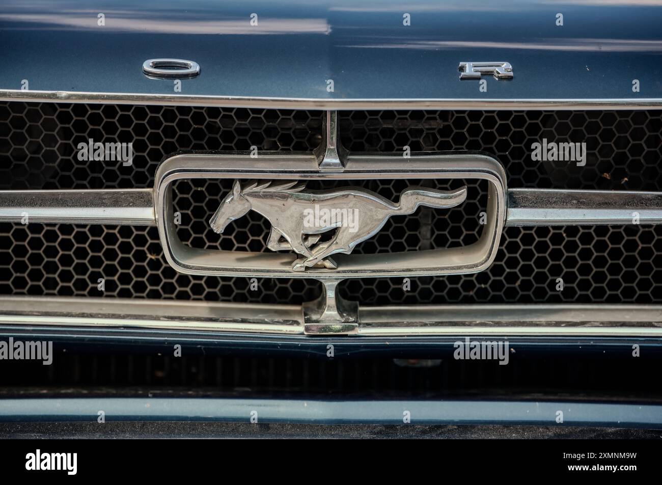 Ponywagen, Motorhaubengrill eines klassischen Ford Mustang Muscle Car mit verchromtem Logo. Ropley Hampsire, Großbritannien Stockfoto