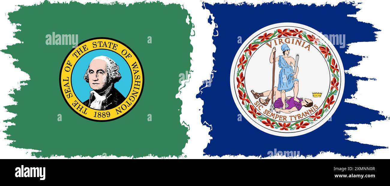 Virginia und Washington state Grunge Pinsel Flags Verbindung, Vektor Stock Vektor